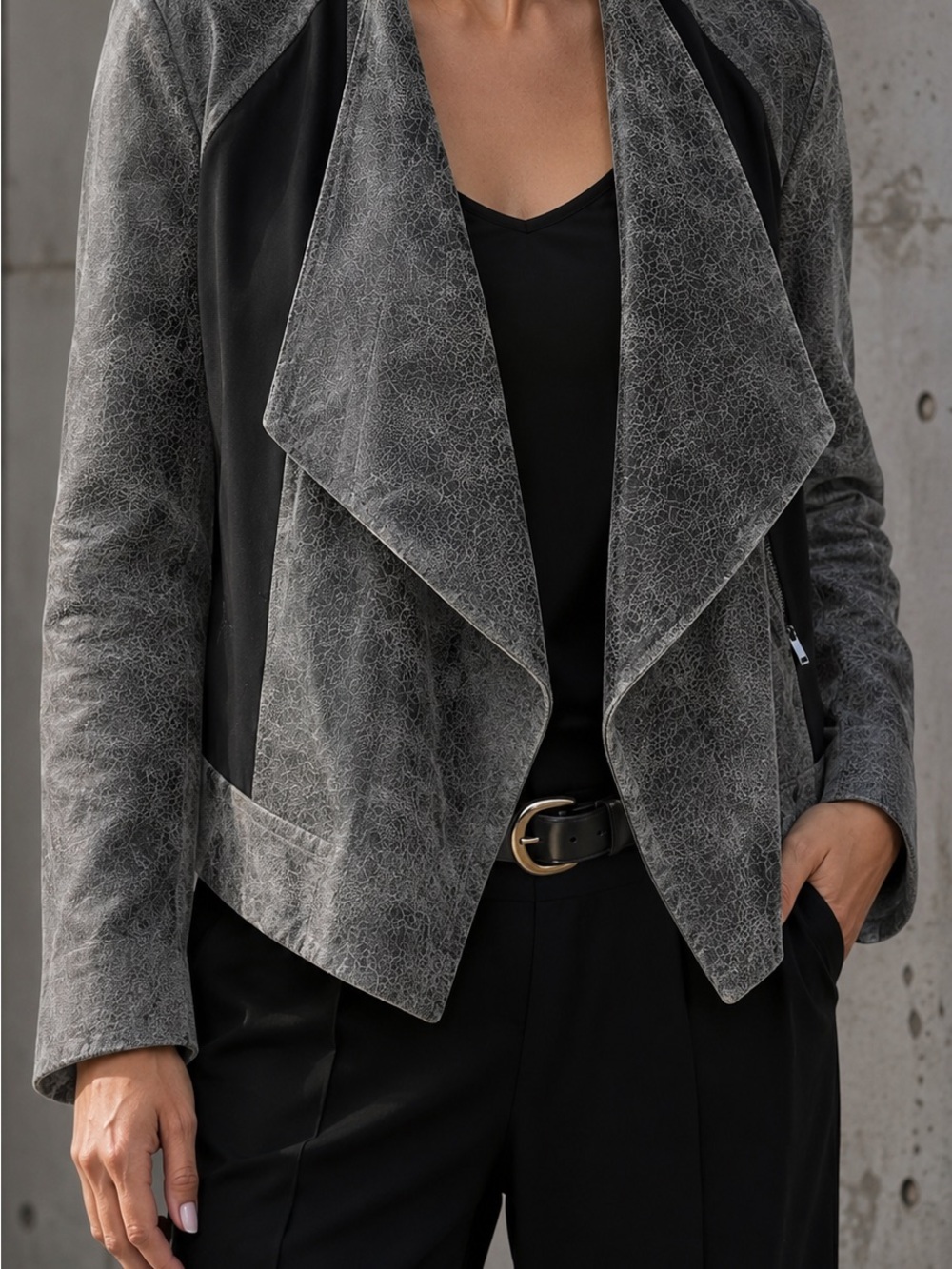 Women's Gray Faux-Leather Waterfall Jacket